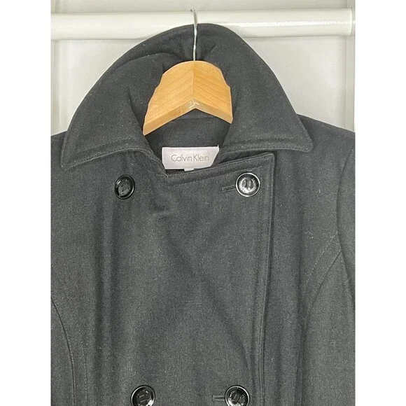 Calvin Klein Peacoat Womens 10 Black Jacket Wool Double Breasted Pocket Neck - Picture 5 of 16